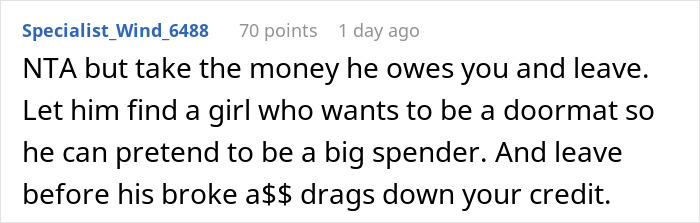 Screenshot of a Reddit comment discussing a boyfriend bragging about covering expenses for a birthday trip.
