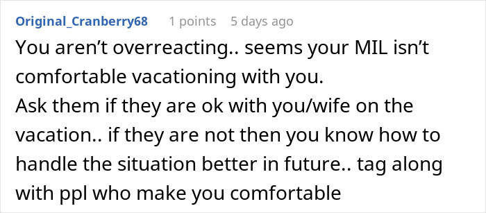 Comment discussing discomfort with family during vacation and advice on handling family separate drive Disneyland trips. Comment discussing discomfort with family during vacation and advice on handling family separate drive Disneyland trips.