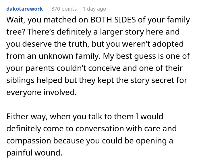 Text comment about confronting parents with DNA test results, advising careful and compassionate conversation. Text comment about confronting parents with DNA test results, advising careful and compassionate conversation.
