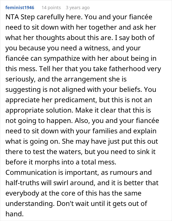 Comment advising careful discussion about fatherhood and family communication in a situation involving an ex’s baby. Comment advising careful discussion about fatherhood and family communication in a situation involving an ex’s baby.