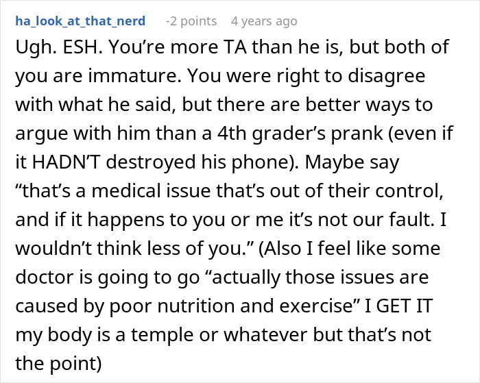 Screenshot of a Reddit comment discussing immaturity and a prank that accidentally destroys a phone. Screenshot of a Reddit comment discussing immaturity and a prank that accidentally destroys a phone.