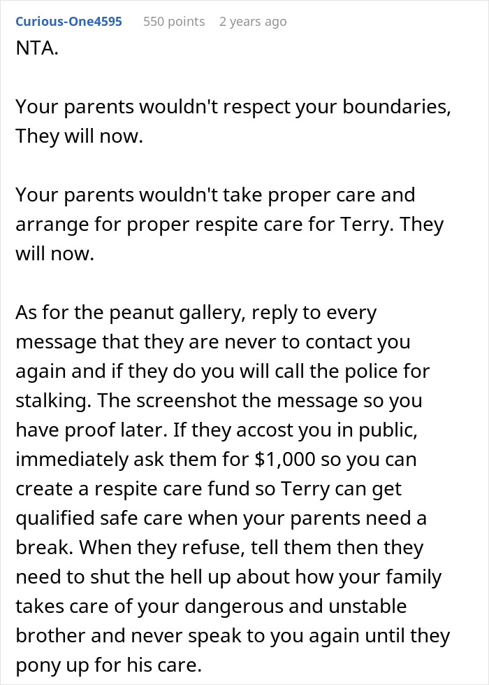 Comment advising setting boundaries about disabled brother’s care and managing family disputes after drop-off incident. Comment advising setting boundaries about disabled brother’s care and managing family disputes after drop-off incident.