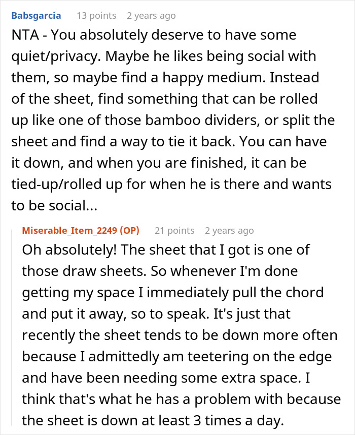 Comments discussing a mom seeking privacy from talkative neighbors using a privacy sheet amid family tension. Comments discussing a mom seeking privacy from talkative neighbors using a privacy sheet amid family tension.