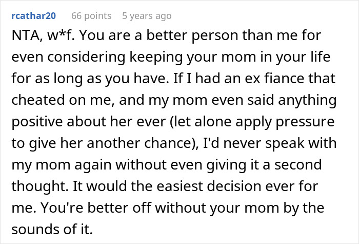 Screenshot of a Reddit comment criticizing a mom's attempt to reconcile her son with his ex-fiancé who cheated on him. Screenshot of a Reddit comment criticizing a mom's attempt to reconcile her son with his ex-fiancé who cheated on him.