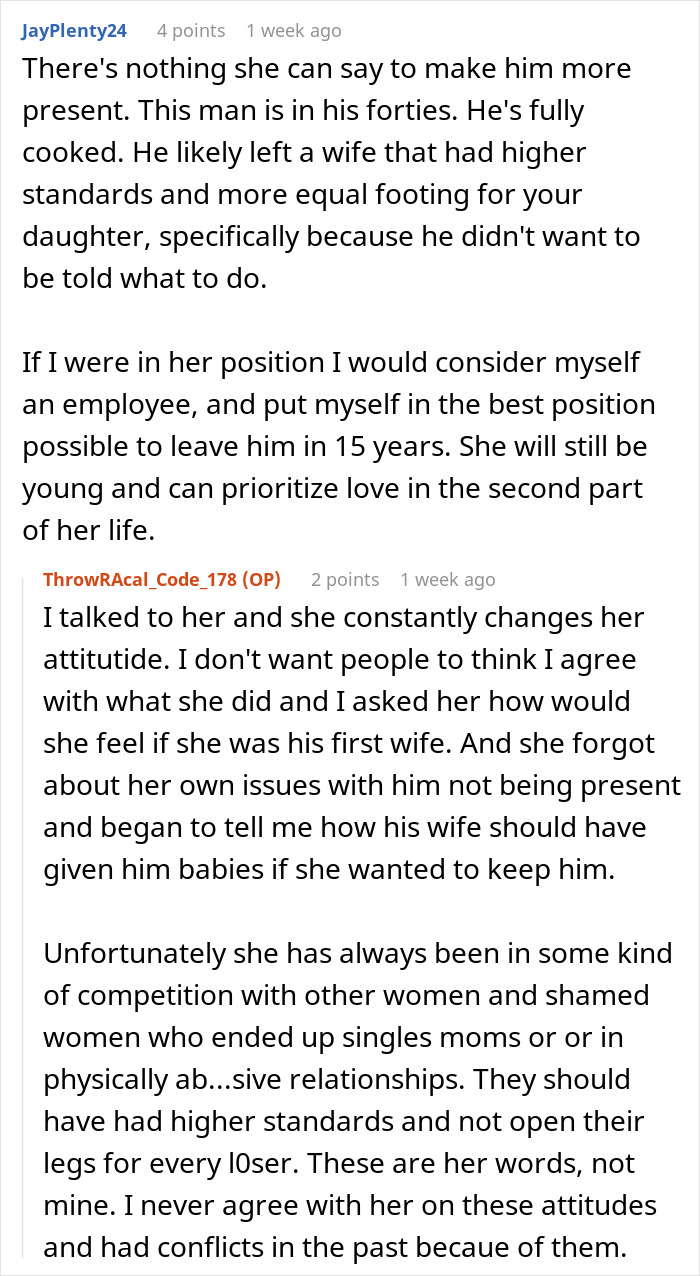 Text conversation discussing a mistress turned wife’s absentee husband wanting a third child and her mom’s concerns. Text conversation discussing a mistress turned wife’s absentee husband wanting a third child and her mom’s concerns.