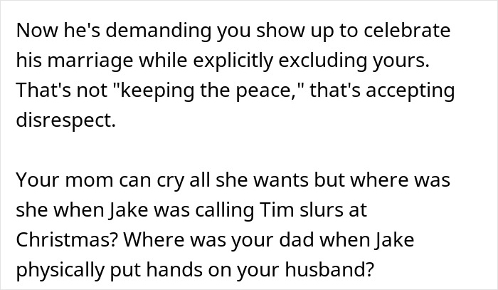 Text excerpt showing a family conflict involving a man mocking his brother-in-law and wedding exclusion issues. Text excerpt showing a family conflict involving a man mocking his brother-in-law and wedding exclusion issues.