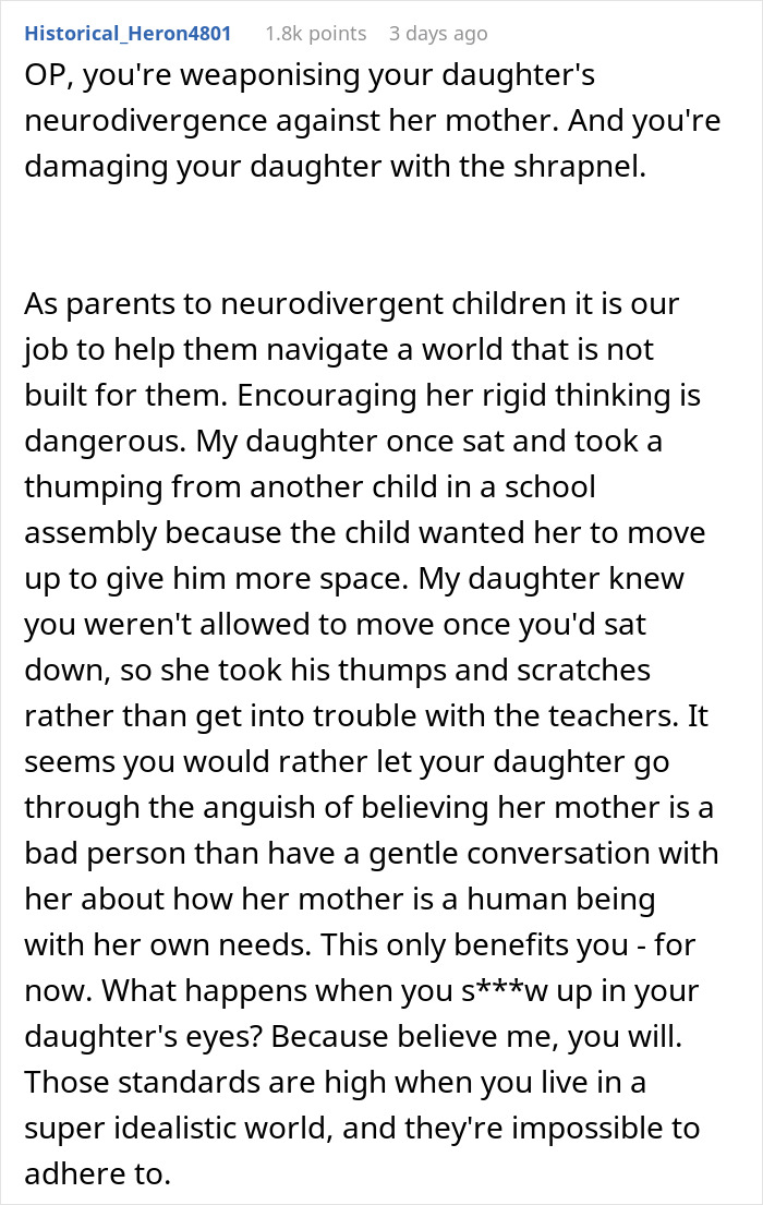 Text from an online post discussing challenges of parenting an autistic child when a woman’s work trip is actually a vacation.