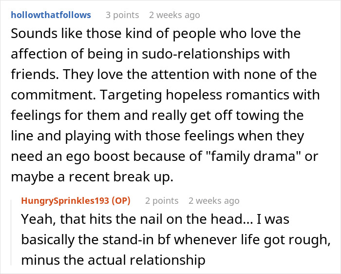 Screenshot of a Reddit conversation about rejection and dating after being called out by a bestie. Screenshot of a Reddit conversation about rejection and dating after being called out by a bestie.