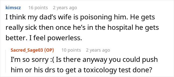Screenshot of a forum conversation about suspicion of poisoning and advice on toxicology testing after mysterious illness. Screenshot of a forum conversation about suspicion of poisoning and advice on toxicology testing after mysterious illness.