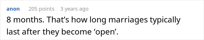 Text comment discussing how marriages typically last 8 months after becoming open, referencing open marriage regrets. Text comment discussing how marriages typically last 8 months after becoming open, referencing open marriage regrets.