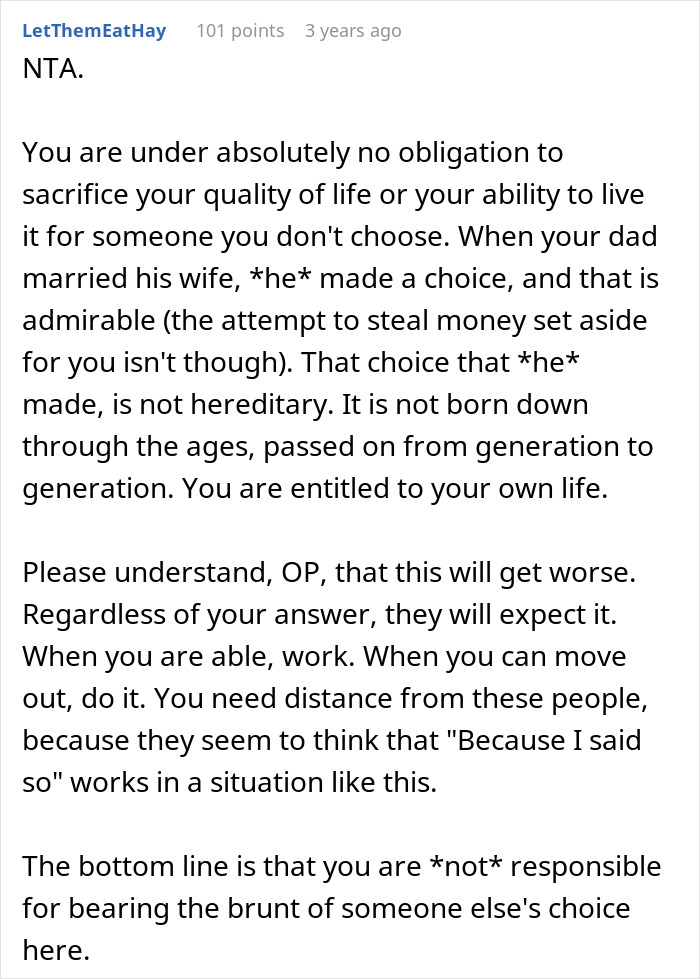 Text excerpt discussing a 19-year-old refusing caregiver role for disabled stepsister amid family pressure. Text excerpt discussing a 19-year-old refusing caregiver role for disabled stepsister amid family pressure.