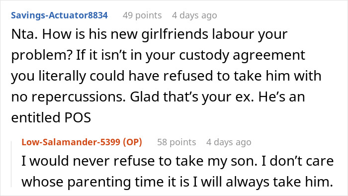 Screenshot of an online discussion about a mom refusing to drive drunk and an ex arguing during his girlfriend’s labor.