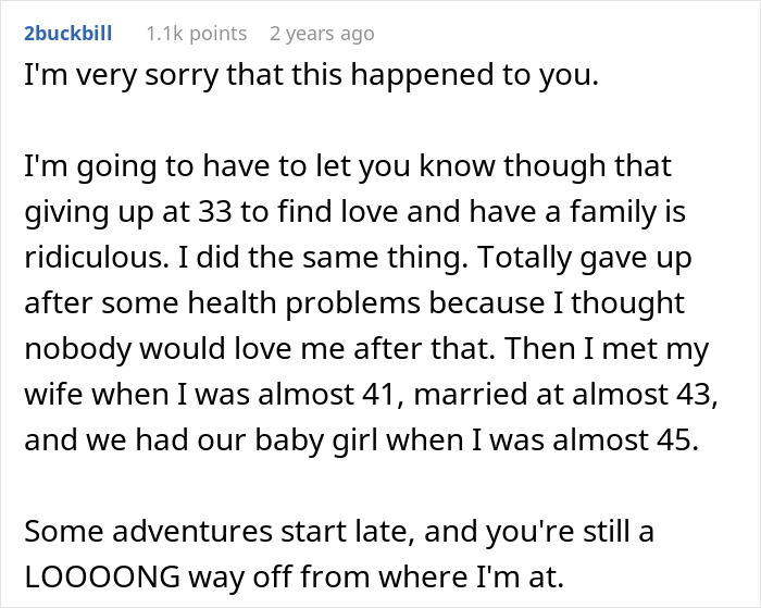 Comment text expressing sympathy and sharing personal story about finding love later in life after giving up at 33. Comment text expressing sympathy and sharing personal story about finding love later in life after giving up at 33.