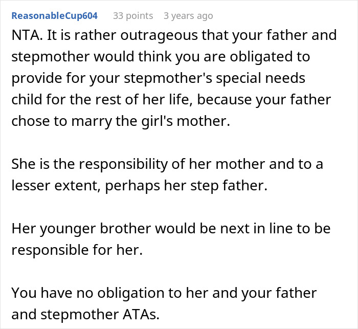 Comment discussing caregiver role preparation and refusal for disabled stepsister and family conflict over responsibility. Comment discussing caregiver role preparation and refusal for disabled stepsister and family conflict over responsibility.