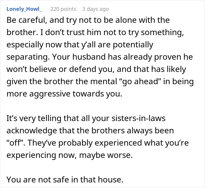 Text post warning a wife about her creepy brother-in-law and lack of support from family in a troubled relationship. Text post warning a wife about her creepy brother-in-law and lack of support from family in a troubled relationship.