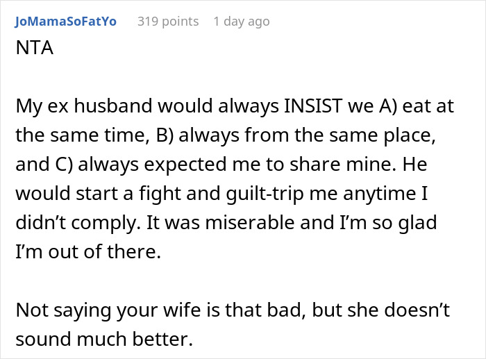 Screenshot of a Reddit comment discussing family drama about a man filming his wife secretly to prove she eats his fries.