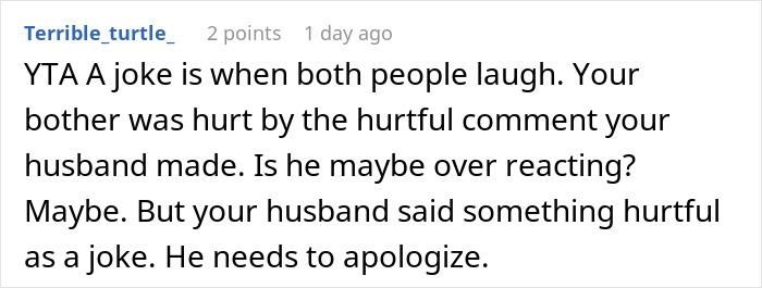 Reddit comment emphasizing the need for an apology after a man mocks his brother-in-law, leading to wedding conflict.