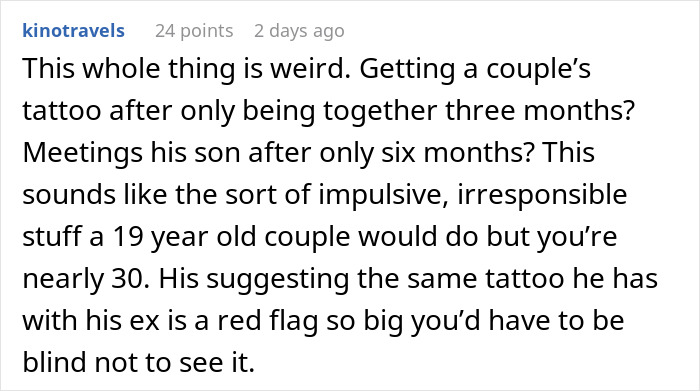 Comment discussing a woman couple tattoo involving an ex, highlighting red flags and impulsive relationship decisions. Comment discussing a woman couple tattoo involving an ex, highlighting red flags and impulsive relationship decisions.