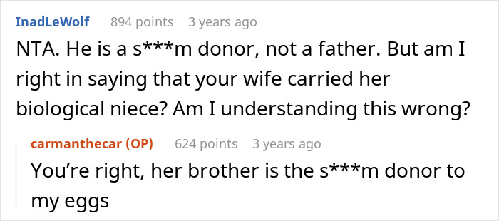 Reddit conversation about guy helping sister-in-law conceive using IVF and being called her kid’s dad. Reddit conversation about guy helping sister-in-law conceive using IVF and being called her kid’s dad.
