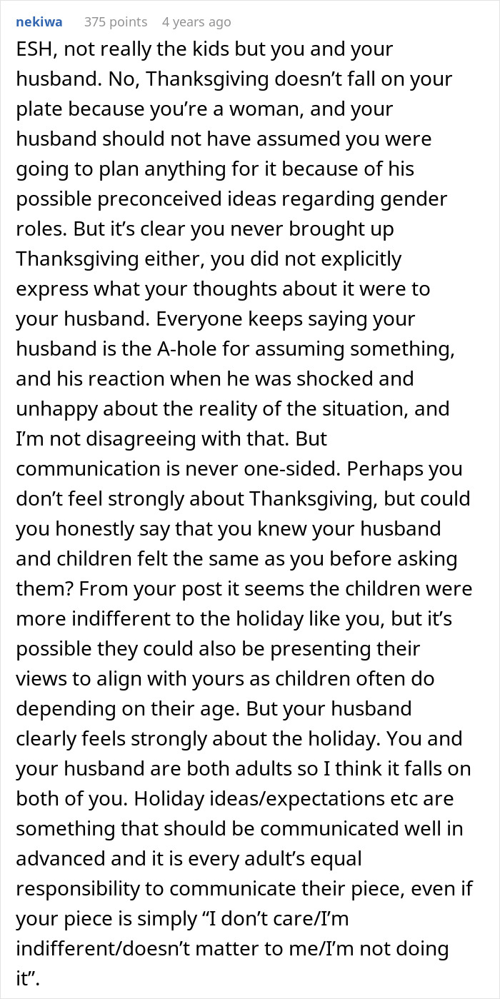 Woman upset as husband assumed she planned Thanksgiving despite never doing it before, highlighting miscommunication and gender role assumptions. Woman upset as husband assumed she planned Thanksgiving despite never doing it before, highlighting miscommunication and gender role assumptions.