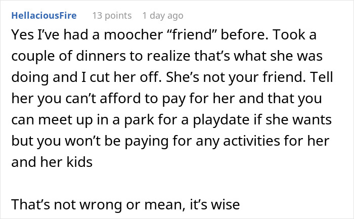Comment detailing a woman’s experience with a mooching friend who forgot her wallet and didn’t say thank you.