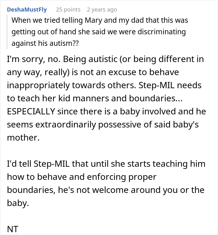 Comment discussing 11-year-old’s creepy behavior towards newborn stepsister and parents refusing to seek help or set boundaries.