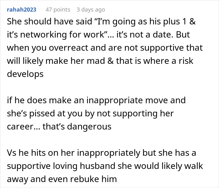 Comment discussing a woman going to gala with client as her date, and its impact on her husband's trust. Comment discussing a woman going to gala with client as her date, and its impact on her husband's trust.