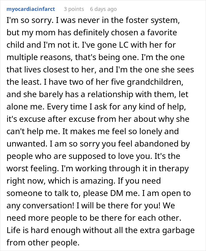 Comment expressing feelings of loneliness and lack of support from family despite having two kids and undergoing surgery. Comment expressing feelings of loneliness and lack of support from family despite having two kids and undergoing surgery.
