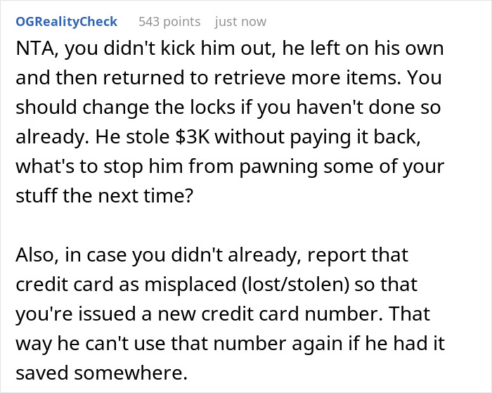 Text post discussing a 20-year-old mooching off parents and stealing 3K, leading to being kicked out. Text post discussing a 20-year-old mooching off parents and stealing 3K, leading to being kicked out.