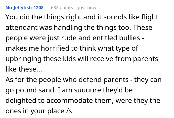Screenshot of a Reddit comment discussing rude family bullying a lady to swap plane seats and coworkers calling her a villain. Screenshot of a Reddit comment discussing rude family bullying a lady to swap plane seats and coworkers calling her a villain.