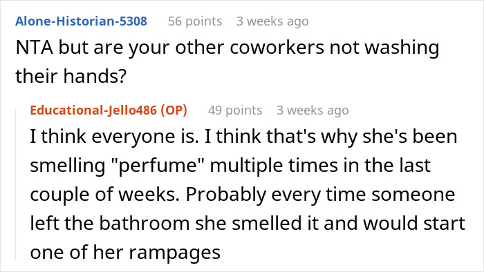 Online discussion about a coworker sensitive to smells mentioning others not washing hands and perfume causing issues.