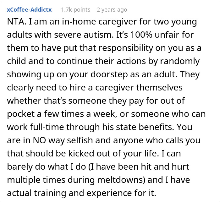 Alt text: Screenshot of a Reddit comment about setting boundaries in disabled brother’s care and caregiver responsibilities. Alt text: Screenshot of a Reddit comment about setting boundaries in disabled brother’s care and caregiver responsibilities.