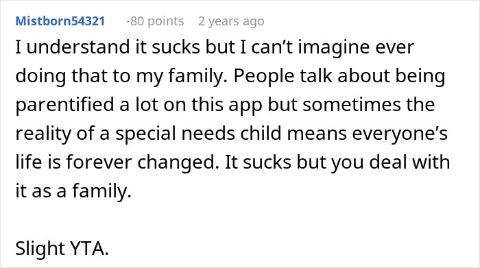 Comment discussing family challenges and boundaries about disabled brother’s care after recent drop-off incident. Comment discussing family challenges and boundaries about disabled brother’s care after recent drop-off incident.