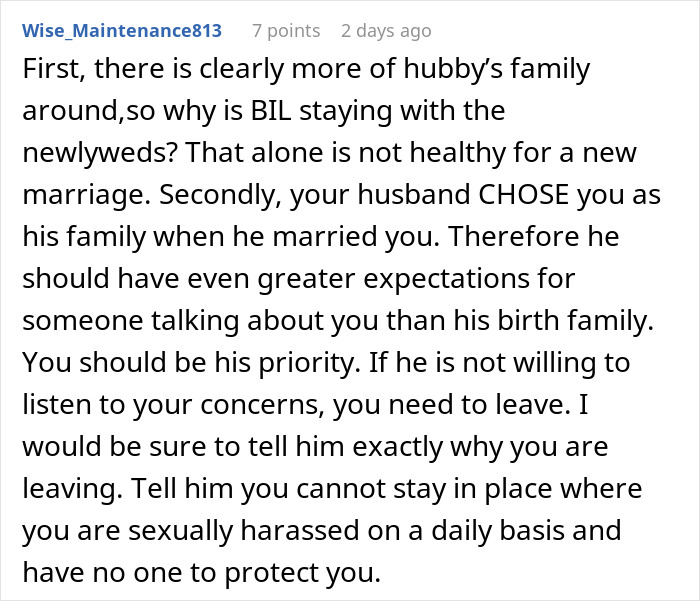 Comment discussing unhealthy family dynamics and relationship issues involving creepy brother-in-law affecting the marriage. Comment discussing unhealthy family dynamics and relationship issues involving creepy brother-in-law affecting the marriage.