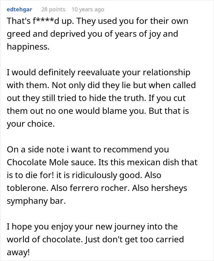 Alt text: Screenshot of a heartfelt online comment discussing parents who lied about food allergies and no contact with daughter.