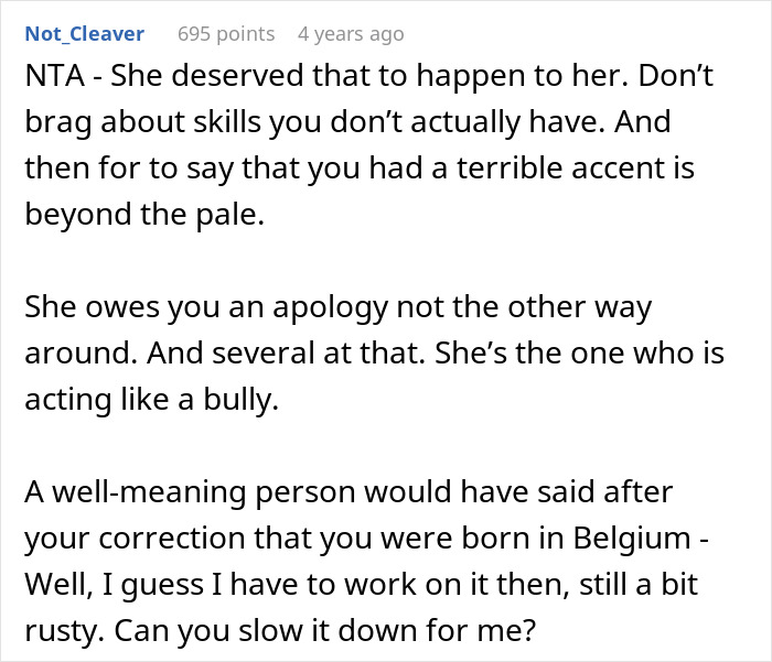 Text excerpt showing a discussion about a woman embarrassing a new colleague by pretending to speak a language well. Text excerpt showing a discussion about a woman embarrassing a new colleague by pretending to speak a language well.