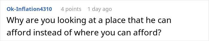 Comment on Reddit discussing rent affordability, highlighting conflict between rich boyfriend demands equal split rent and girlfriend refuses. Comment on Reddit discussing rent affordability, highlighting conflict between rich boyfriend demands equal split rent and girlfriend refuses.