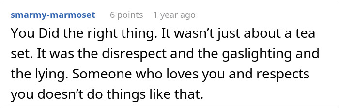 Comment discussing a man ruining his marriage by stealing his wife’s tea set and giving it to his niece. Comment discussing a man ruining his marriage by stealing his wife’s tea set and giving it to his niece.