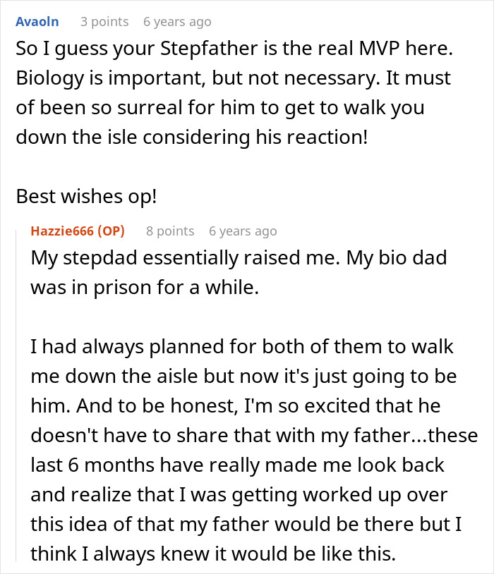 Comments discussing bride&rsquo;s father refusing to attend wedding, highlighting stepfather walking bride down the aisle instead.