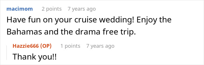 Screenshot of an online conversation about a bride&rsquo;s father refusing to attend the wedding not held on American soil.