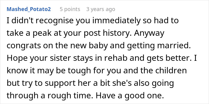 Screenshot of an online comment discussing support for a sister in rehab after family rejects their ex-con mom years later. Screenshot of an online comment discussing support for a sister in rehab after family rejects their ex-con mom years later.