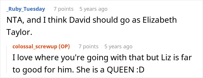 Screenshot of a Reddit conversation about masculinity and discomfort with Halloween costumes causing relationship issues. Screenshot of a Reddit conversation about masculinity and discomfort with Halloween costumes causing relationship issues.