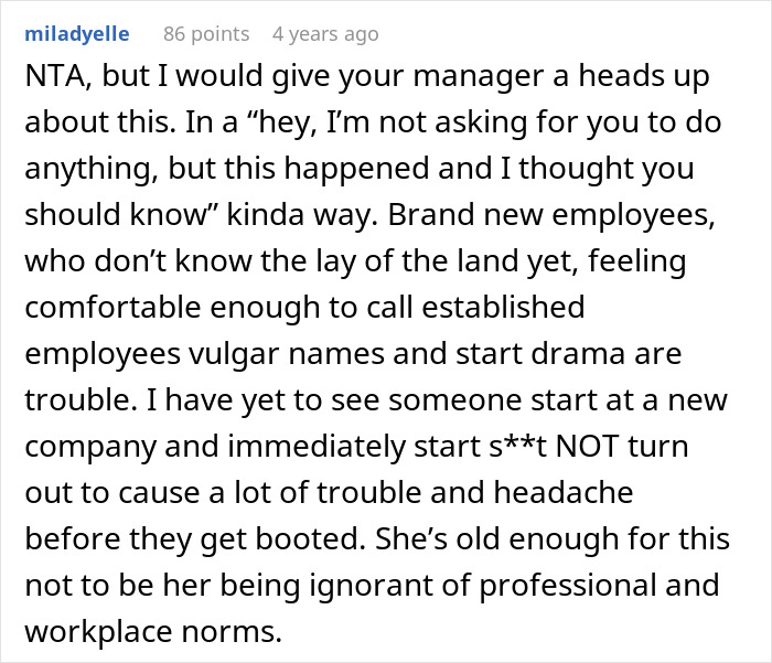 Text post showing a discussion about workplace drama where a woman embarrasses a new colleague with language claims. Text post showing a discussion about workplace drama where a woman embarrasses a new colleague with language claims.