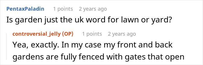 Screenshot of an online discussion about lawn versus garden, highlighting a user explaining fenced gardens and shared neighborhood spaces. Screenshot of an online discussion about lawn versus garden, highlighting a user explaining fenced gardens and shared neighborhood spaces.