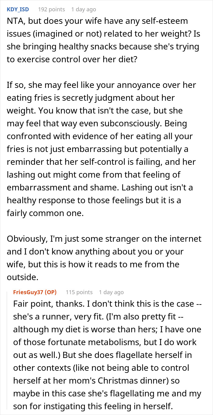 Screenshot of an online discussion about a man secretly filming his wife to prove she eats all his fries. Screenshot of an online discussion about a man secretly filming his wife to prove she eats all his fries.