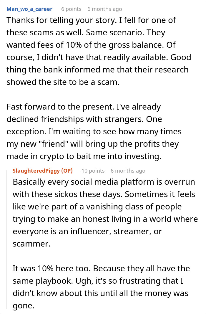 Screenshot of online discussion about falling for a scam investment with no savings and accumulating immense debt.