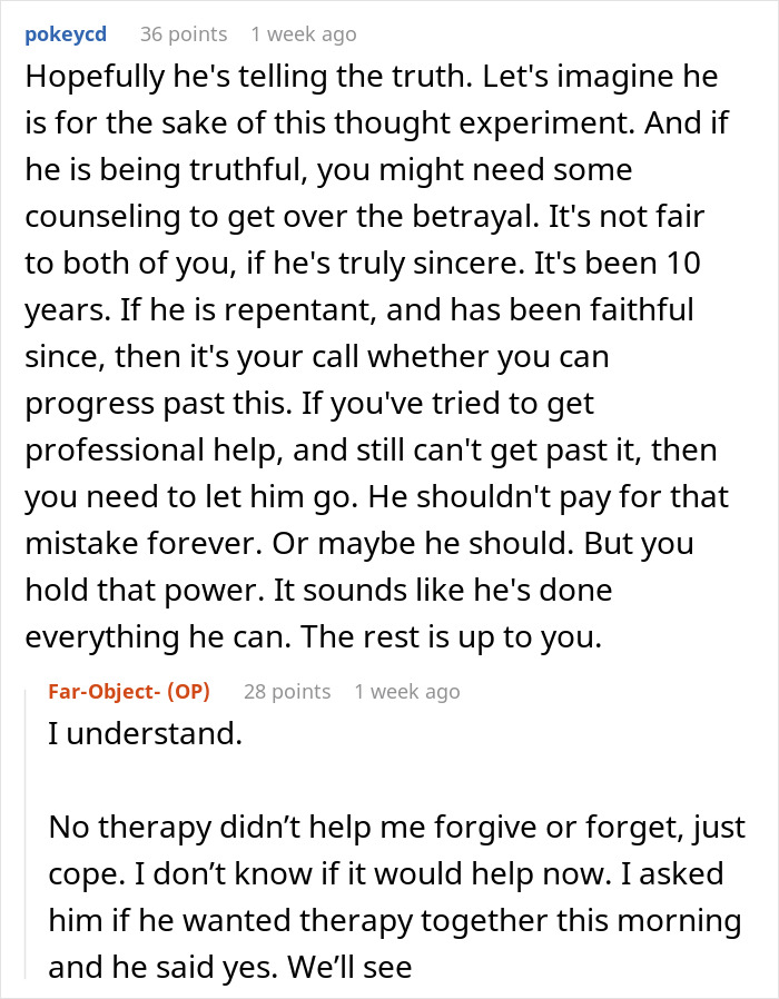 ALT text: Online conversation discussing heartbroken woman confronting hubby’s affair from 10 years ago and emotional struggle. ALT text: Online conversation discussing heartbroken woman confronting hubby’s affair from 10 years ago and emotional struggle.