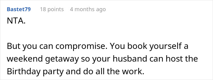 Comment discussing a wife refusing to celebrate a birthday at home after mother-in-law ruins the event by being a no-show. Comment discussing a wife refusing to celebrate a birthday at home after mother-in-law ruins the event by being a no-show.