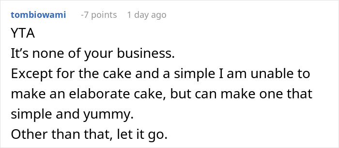 Comment discussing inability to make an elaborate cake for a bride planning a wedding without spending money. Comment discussing inability to make an elaborate cake for a bride planning a wedding without spending money.