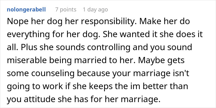Comment discussing man upset with unwanted puppy responsibility, advising to make partner fully handle dog care. Comment discussing man upset with unwanted puppy responsibility, advising to make partner fully handle dog care.